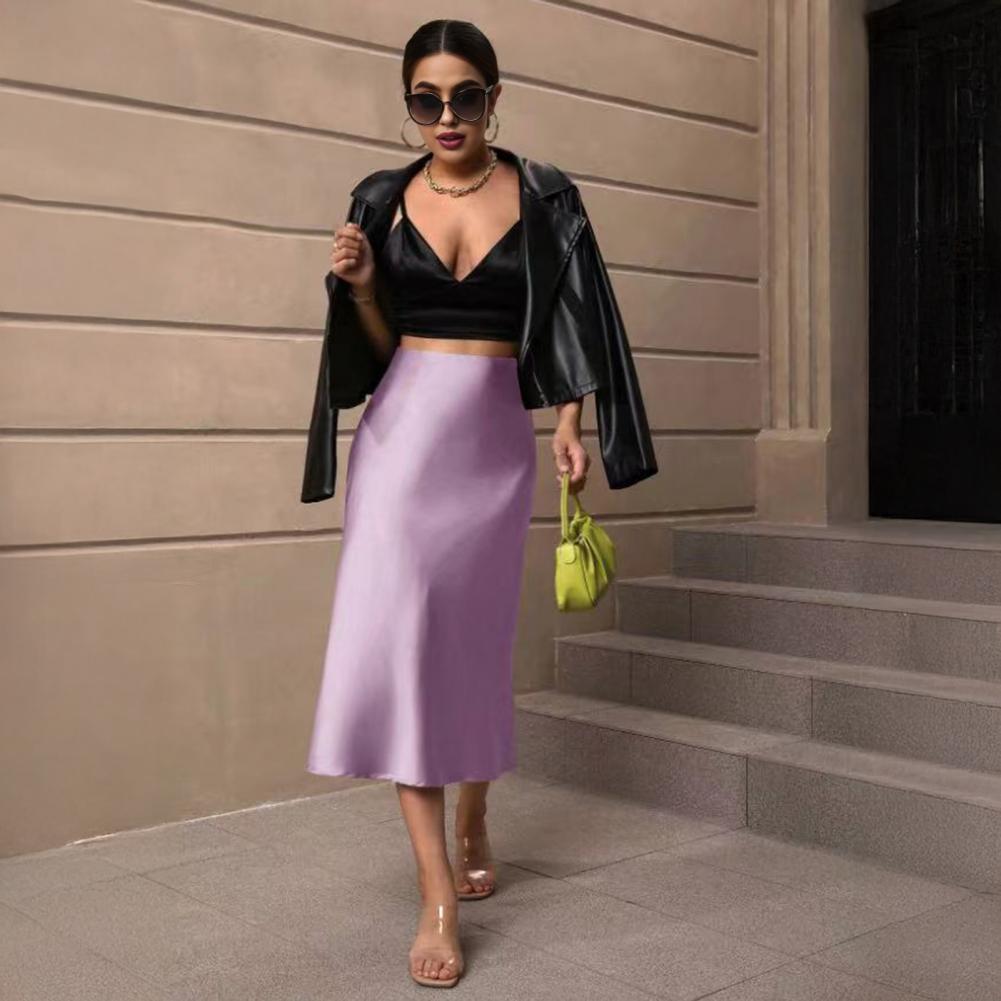 Jupe midi pour femme, taille haute, en satin lisse, coupe sirène, amincissante, pour voyage, soirée, travail, loisirs, usage quotidien