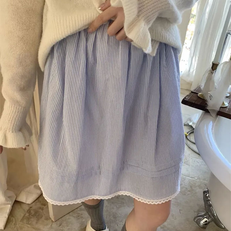 Jupes coréennes bleues à rayures, plissées, longueur genou, pour femmes, taille haute, nouvelle collection printemps-été, élégantes, avec patchwork en dentelle, coupe trapèze