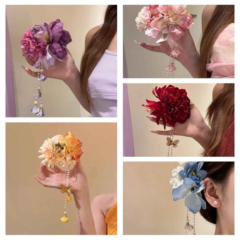 Accessoires de cheveux Hanfu élégants avec pompon, style ancien coloré, style chinois, pince à cheveux latérale, accessoires de tête, épingle à cheveux fleurie pour femmes