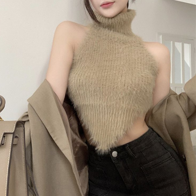 Femmes automne hiver sans manches chemise à bascule épaules dénudées pull gilet débardeurs tricoté col roulé pulls dames hauts
