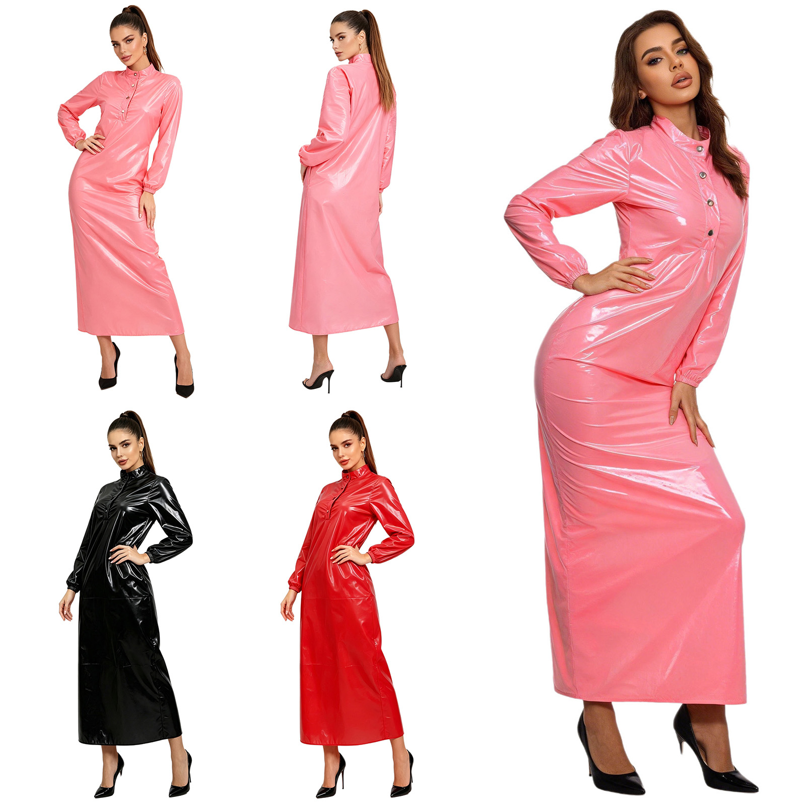 Robe sexy pour femme en vinyle brillant métallisé, col roulé, manches longues, tenue scintillante pour soirées rave, festivals de musique et sorties nocturnes.