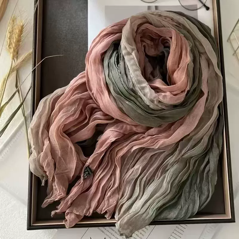 Écharpe en coton et chanvre pour femme, toucher dégradé bleu, rétro, polyvalent, imprimé, Long pli, doux, à la mode, nouvelle collection automne hiver