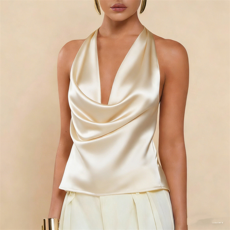 Haut court à col bénitier pour femme, en satin, style débardeur halter, camisole d'été sans manches, élégant pour soirée
