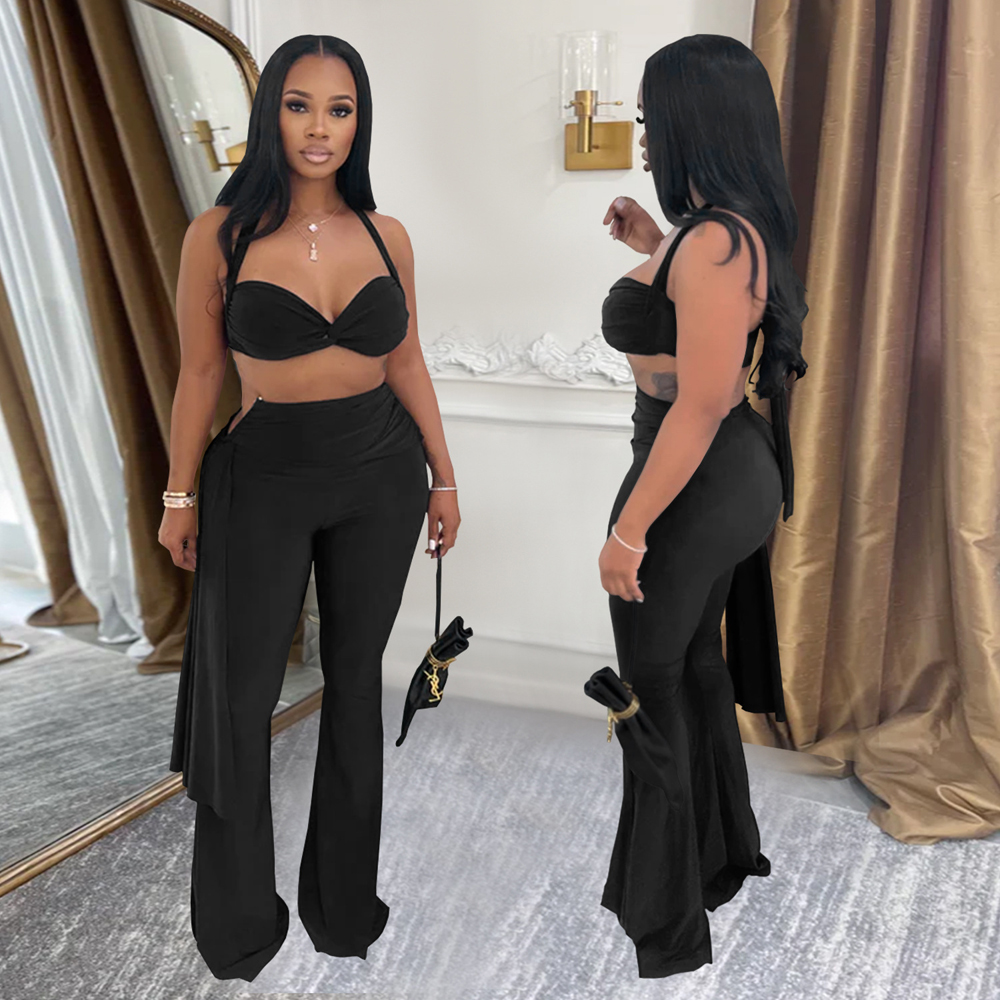 Tenues Sexy pour femmes, haut court torsadé sur le devant et bretelles longues, pantalons à jambes larges, ensembles de survêtements froncés en métal, salopette de nuit Chic
