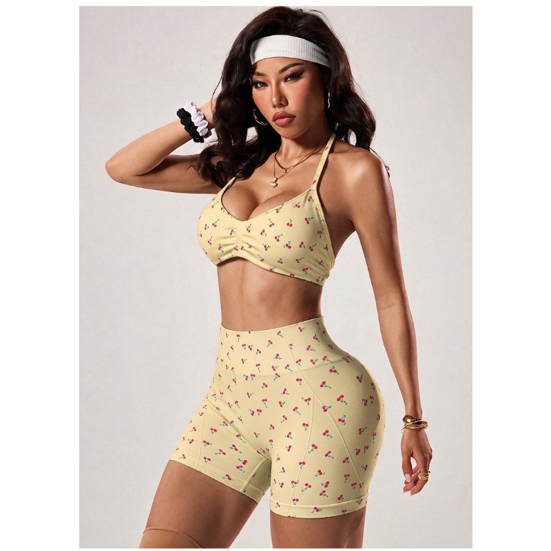 Ensemble de sport 2 pièces imprimé pour femme, sans couture, taille haute, avec soutien-gorge de sport et short effet galbant pour l'entraînement en extérieur, la gym et le fitness