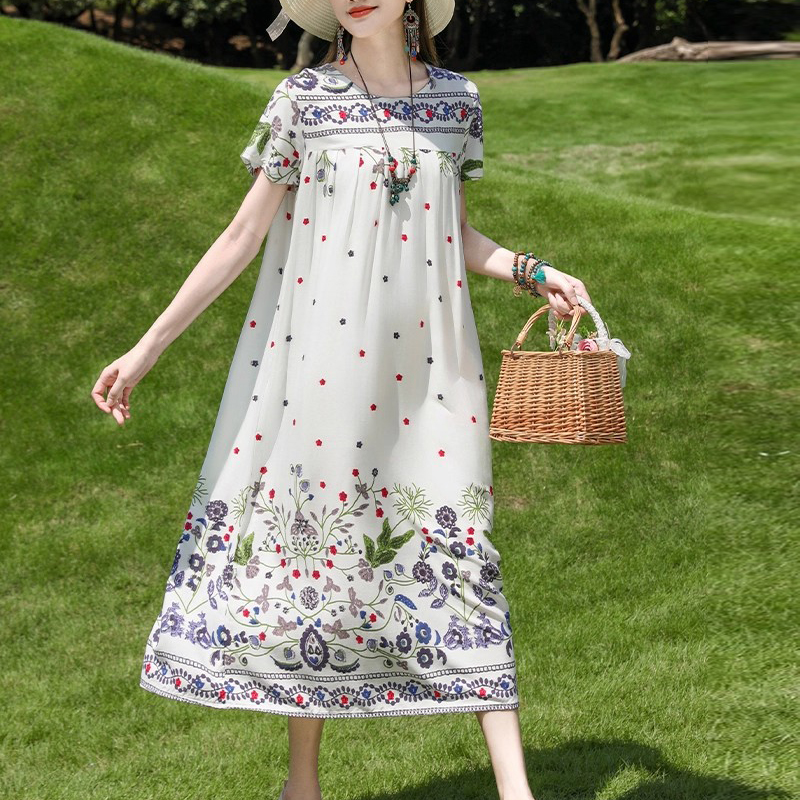 Nouvelle mode décontractée 2025 été robes élégantes pour les femmes col rond imprimé Vintage à manches courtes robe en vrac femmes vêtements