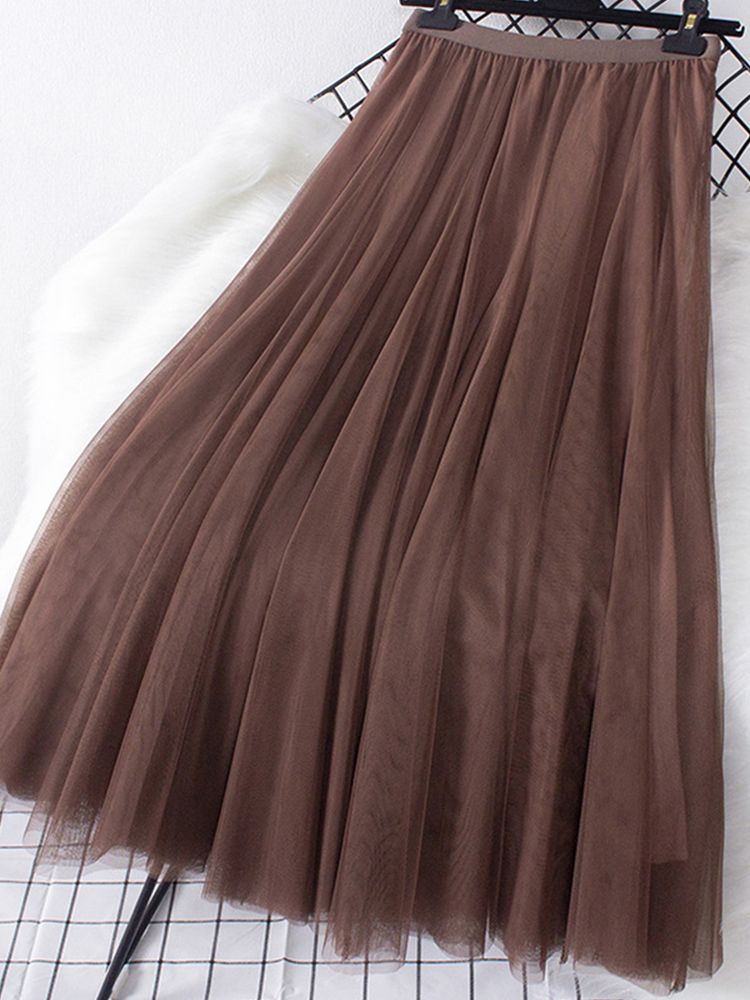 Nouveau grand ourlet longue jupe en Tulle femmes coréen décontracté Simple solide 3 couches une ligne taille haute Maxi jupe femme dame violet