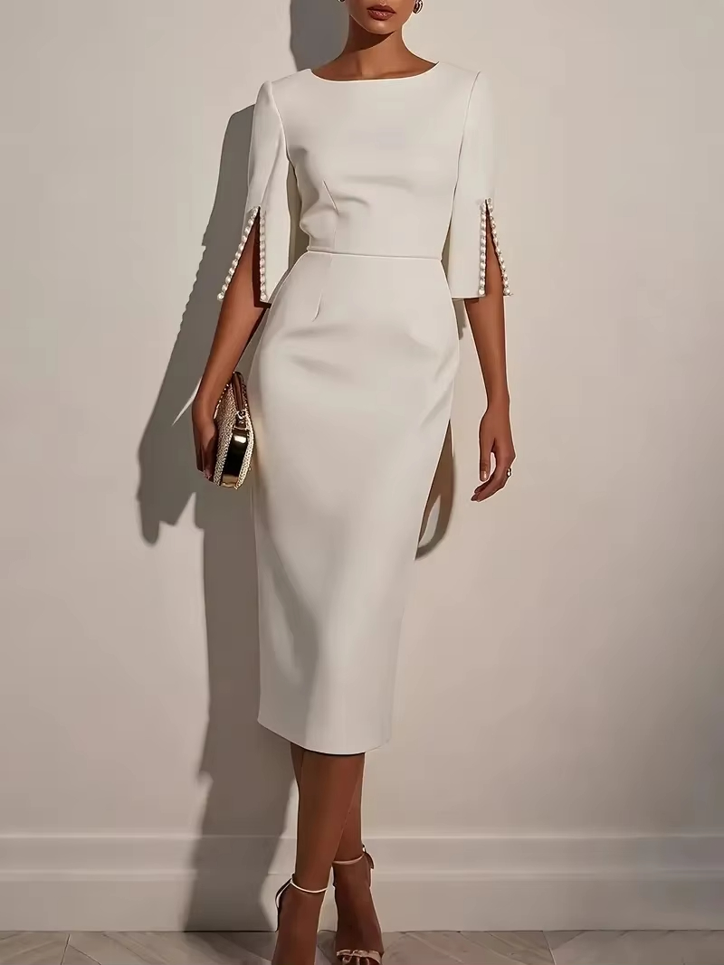 Robe mi-longue élégante pour femmes, couleur unie, col rond, demi-manches, décorée de perles, coupe cintrée