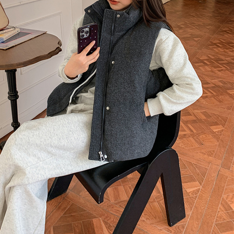 Gilet court en coton pour femme, nouvelle mode coréenne, sans manches, col montant, fermeture éclair, noir et gris, automne hiver