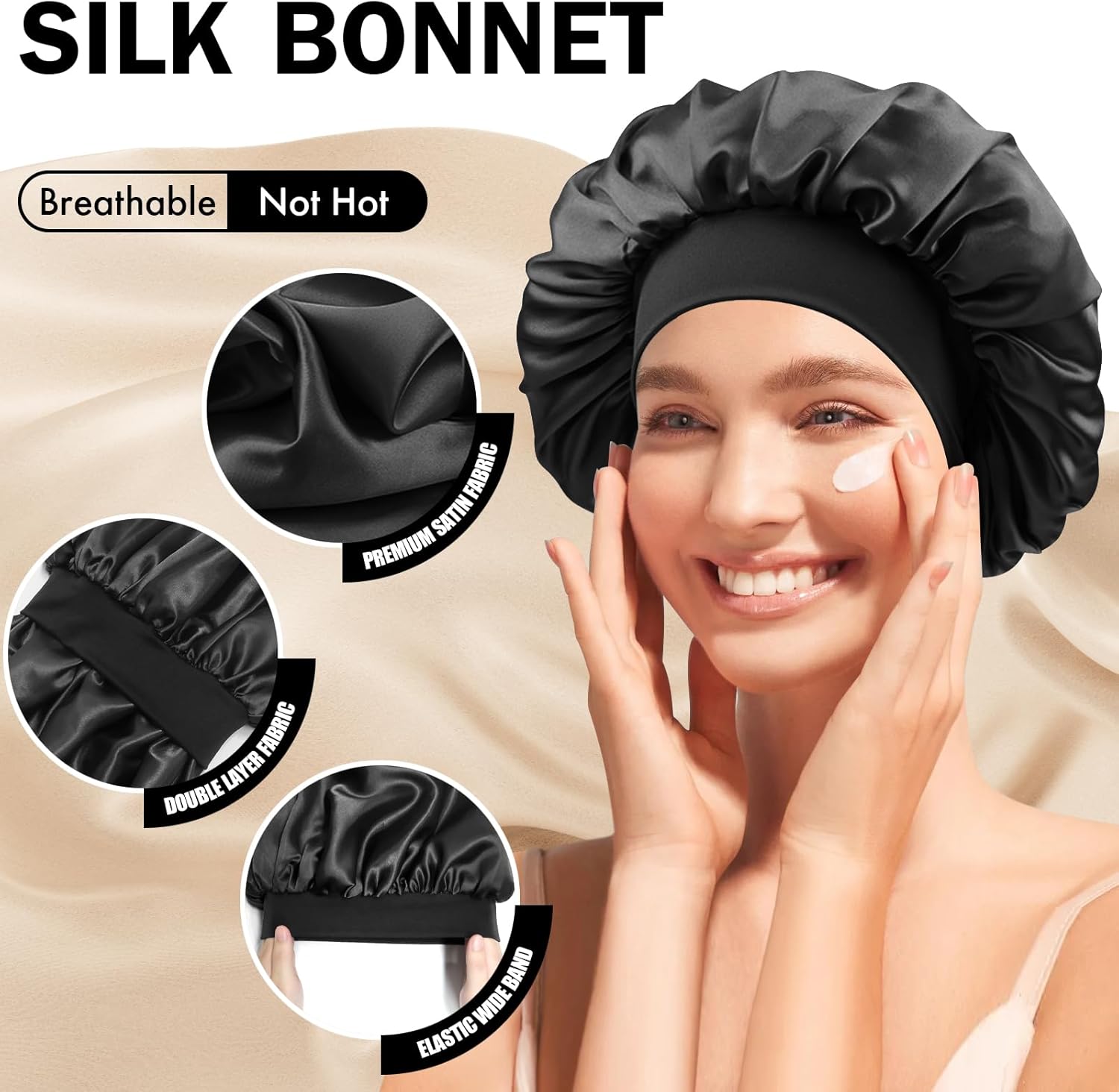 Bonnet en soie pour dormir, bonnet de nuit en soie double couche pour hommes et femmes, bonnet doux doublé de satin pour cheveux bouclés