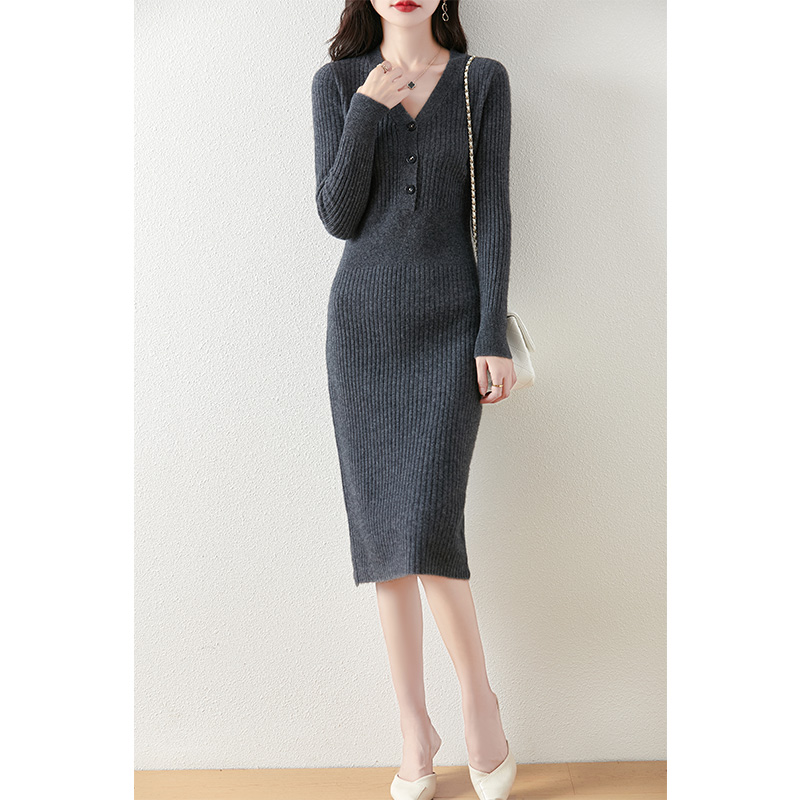 Femmes 100% laine mérinos robe mi-longue pull automne hiver col en v avec boutons pull bas tricots dame robe mince