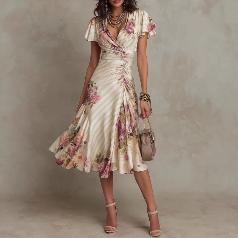 Robe longue élégante à imprimé floral style bohème pour femme, col en V, taille haute, robe de soirée, robe maxi à manches courtes avec fermeture éclair, robe d'été, Vestido