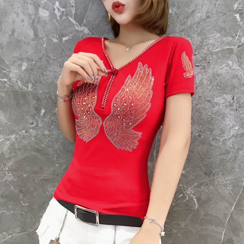 Mode femmes T-shirt pour l'été à manches courtes pulls vêtements décontracté esthétique couverture en coton Sexy col en V fermeture éclair diamants t-shirts