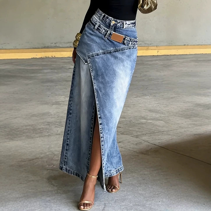 Nouvelle jupe longue en jean taille haute fendue irrégulièrement pour femme, style streetwear décontracté, coupe trapèze, tenue de rue tendance printemps-automne
