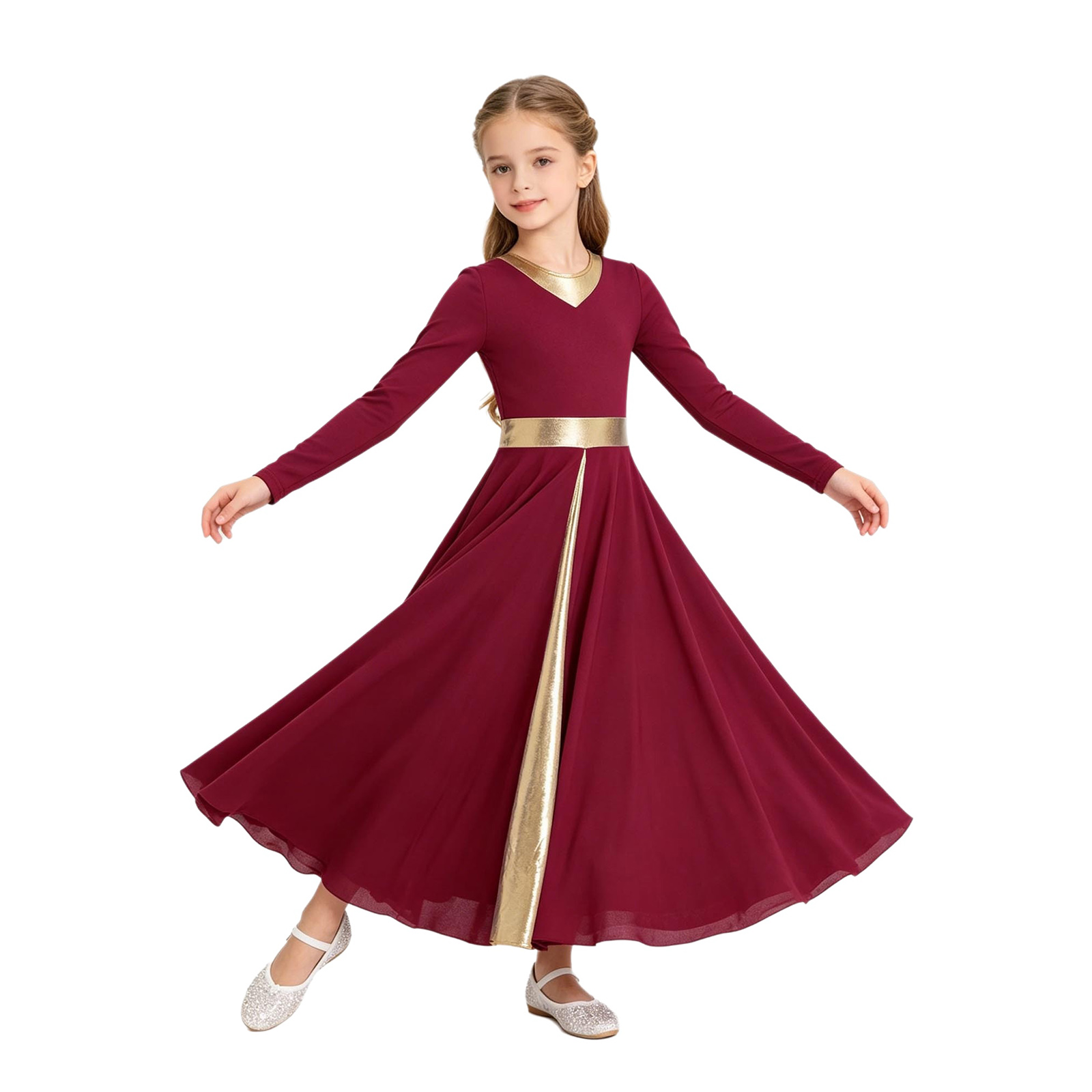 Robe de danse lyrique pour filles, robe de scène à manches longues, imprimé métallique, pour la liturgie, le culte, le chœur d'église