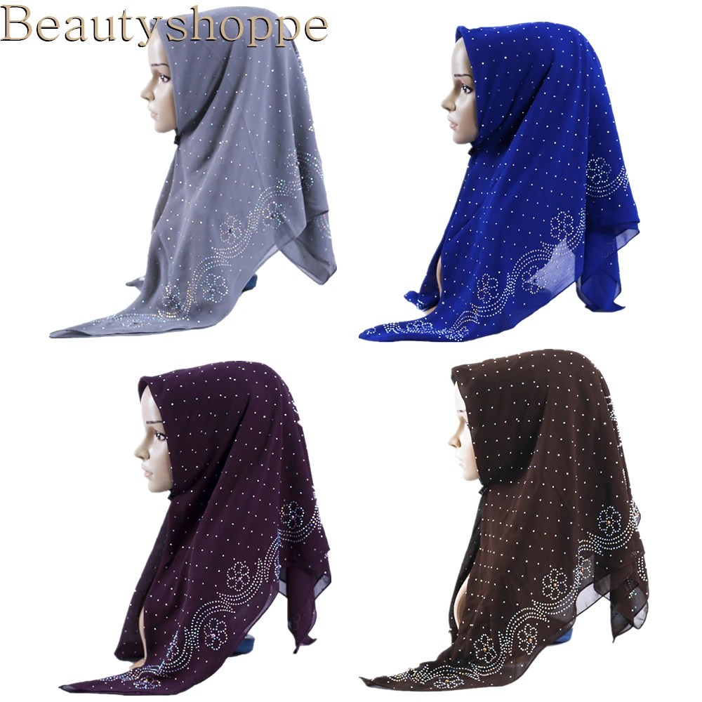 Foulard Carré Musulman Turc de Grande Taille pour Femme, Hijab en Mousseline de Soie Perlée, Châle Uni de Haute Qualité avec Strass Colorés