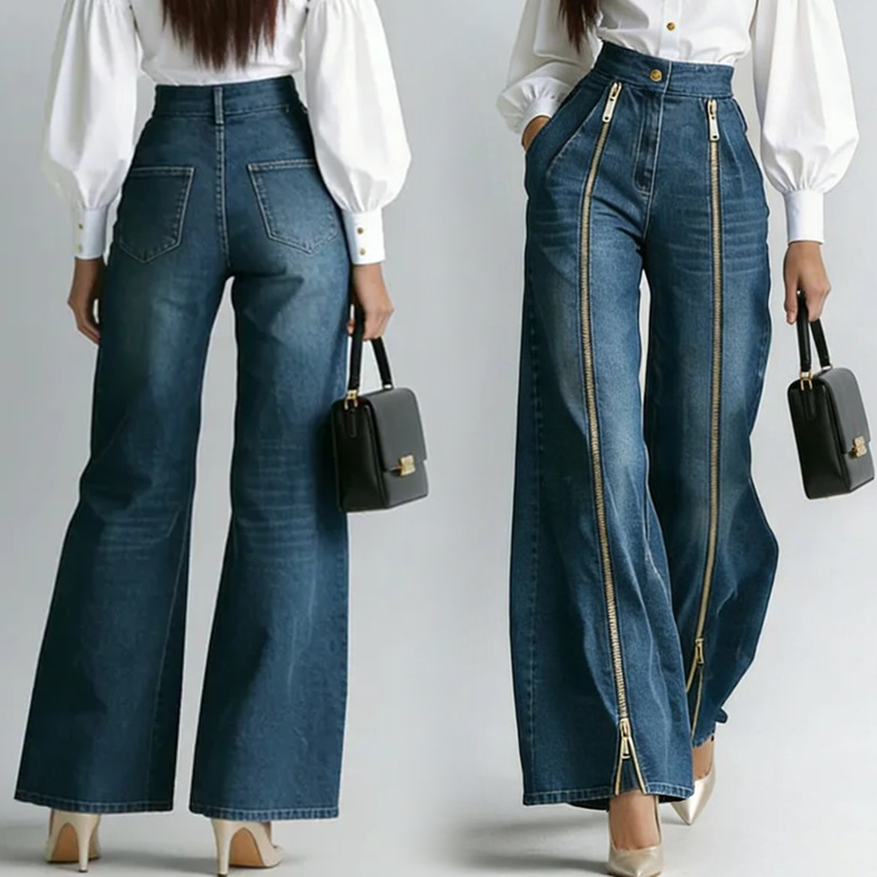 Jean décontracté pour femme à taille haute, coupe large, avec fermeture éclair décorative et poches obliques, élégant et ample en denim