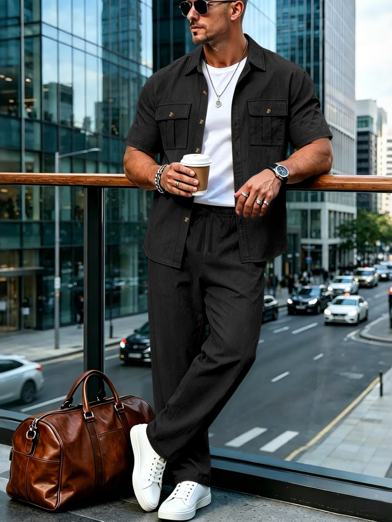 Ensemble chemise et pantalon en coton et lin pour homme, manches courtes, col rabattu, double poche, style décontracté streetwear