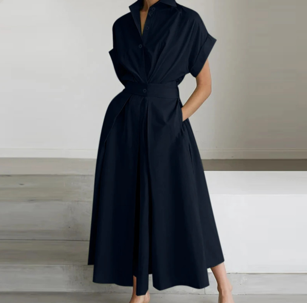 Robe élégante pour femmes, mode été, taille haute, boutons, manches courtes, décontractée, couleur unie, combinaison printemps été, jupe longue