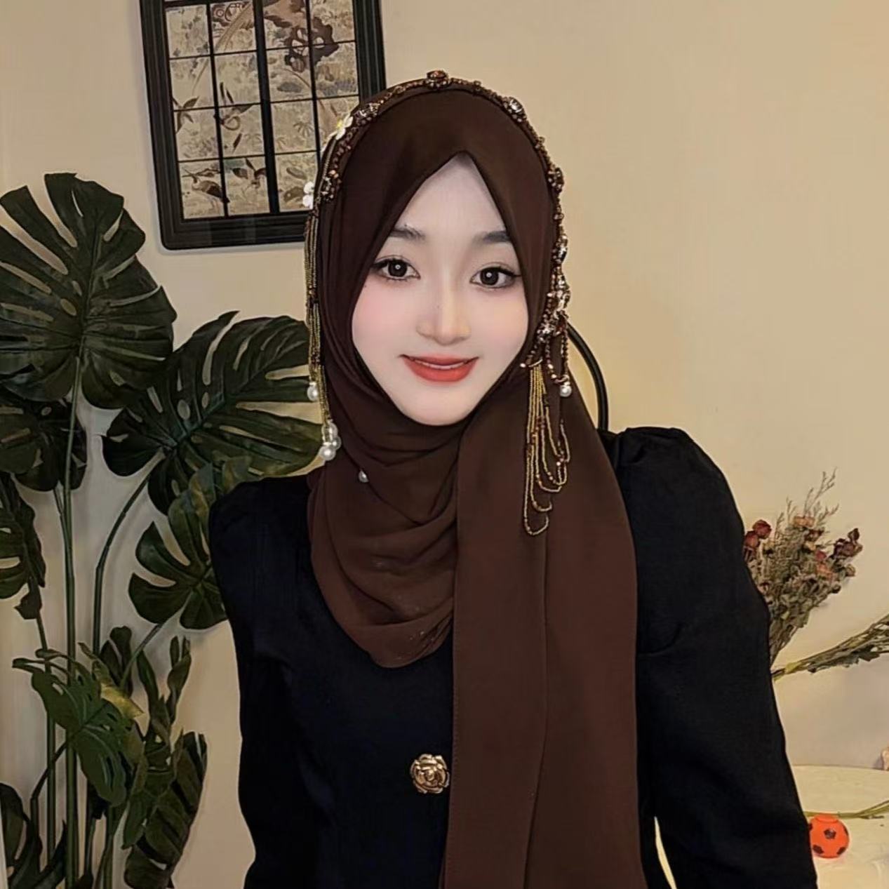Abaya Hijab pour femmes musulmanes, châle en dentelle, foulard de luxe à pompons, écharpe de prière malaisienne, Kufi Islam, Turban d'Arabie Saoudite 05482