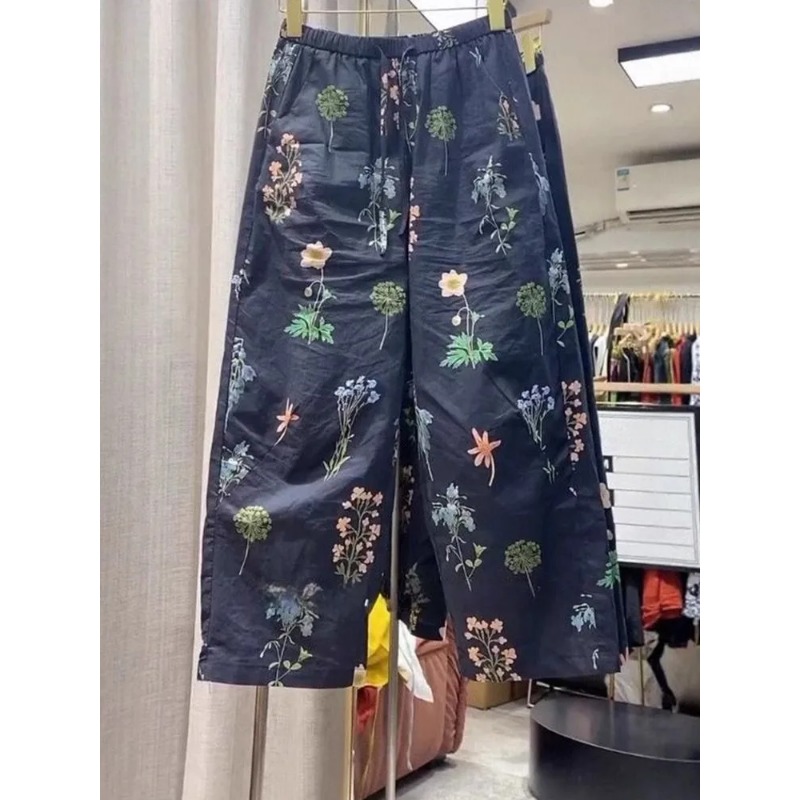 Pantalon décontracté à imprimé floral pour femmes, pantalon d'été fin, ample, à jambes larges, taille haute, longueur neuf points, grande taille, pour femmes courbes