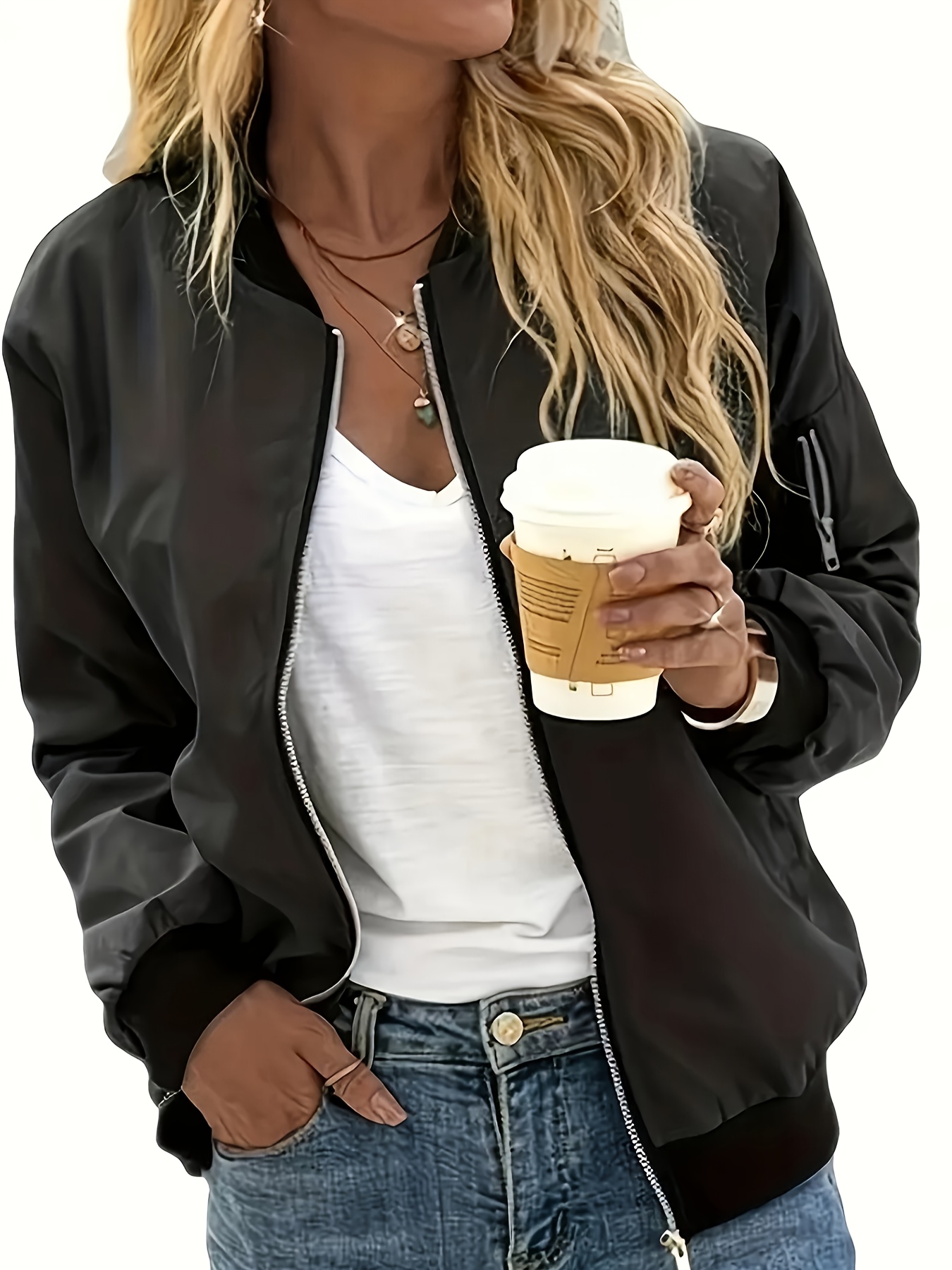 Veste bomber décontractée pour femme à manches longues avec fermeture éclair, coupe-vent léger avec poches, pour un usage quotidien en extérieur