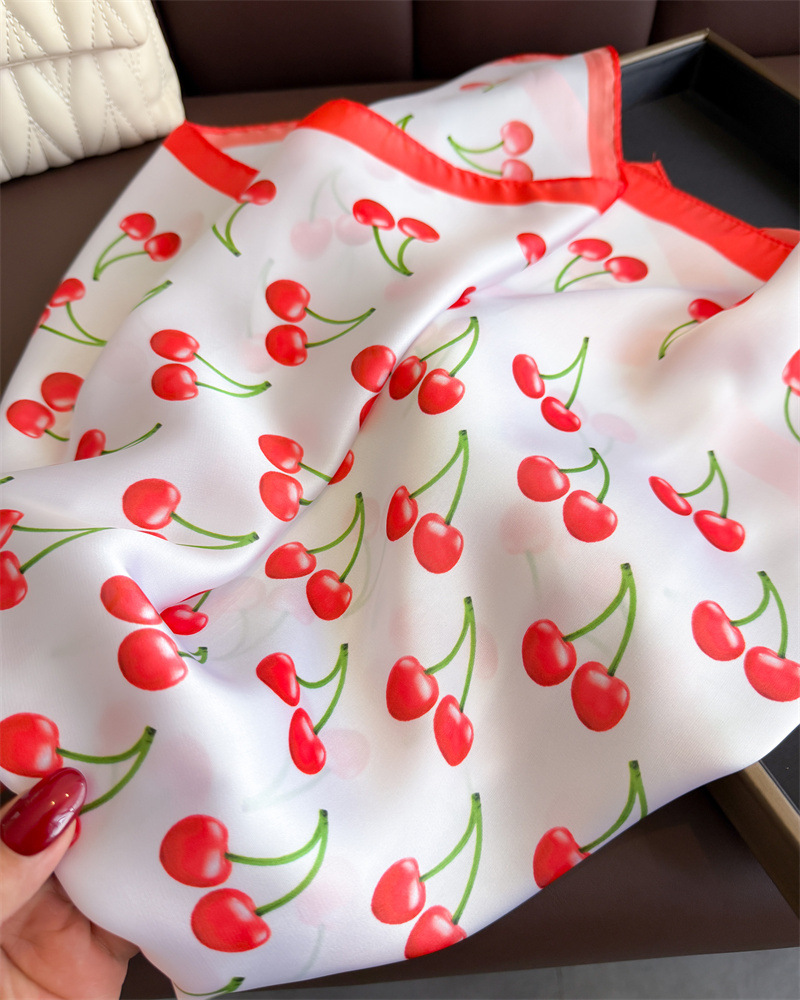 Écharpe carrée en Satin de luxe pour femmes, châles et enveloppes à motif de cerise et de fruits mignons, petit sac à la mode, foulards à cravate pour cheveux, Bandanas 70x70Cm