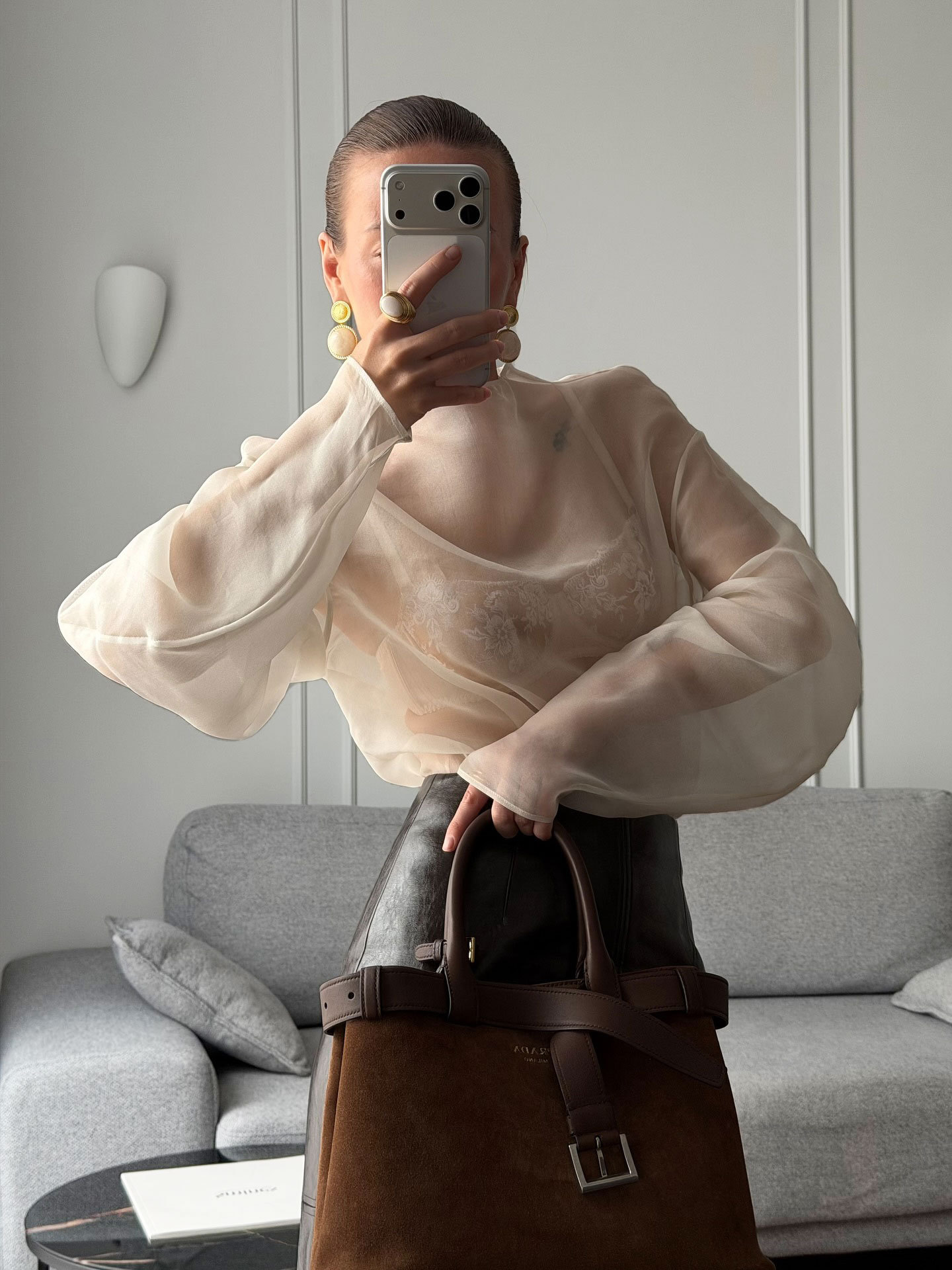 Lady Chic voir à travers la chemise courte décontracté solide col mi-haut à manches longues gaze recadrée Blouse 2026 femmes chemises de rue quotidiennes