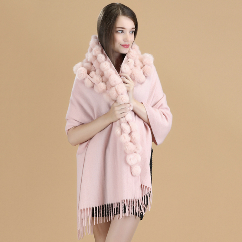 Marque de luxe cachemire Pashmina femmes hiver épais chaud réel fourrure de lapin pompon boule châles et enveloppes femmes 100% laine écharpe