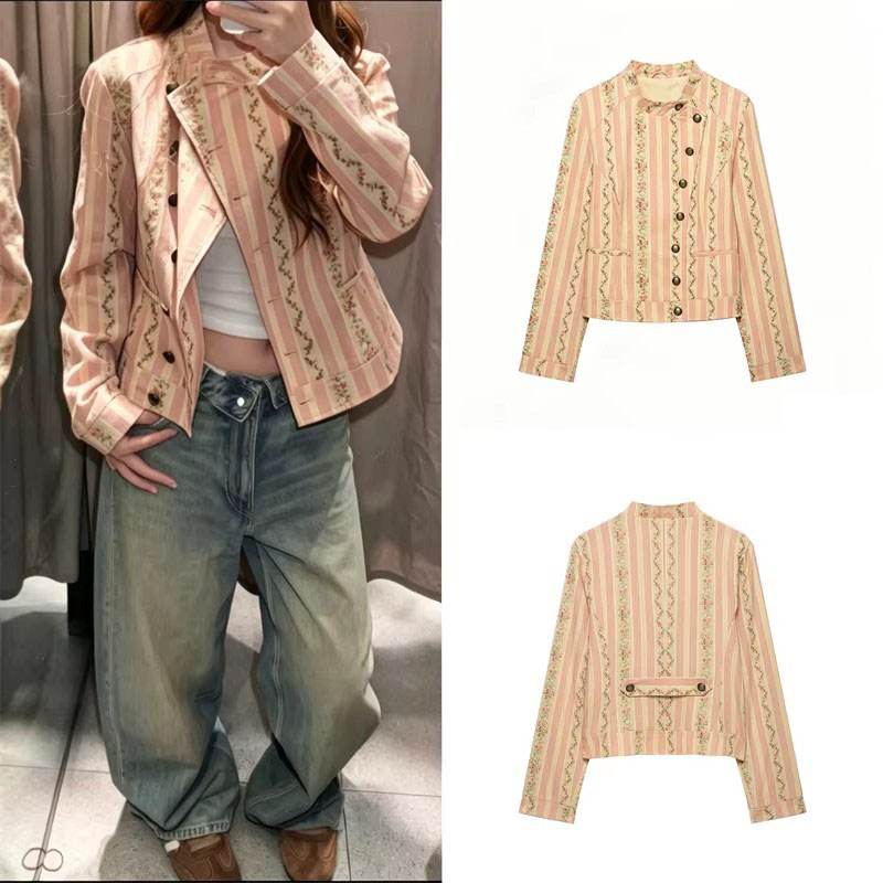 Veste à col montant pour femme Guobioziy, manches longues, manteau à rayures jacquard et motif floral, mode automne précoce
