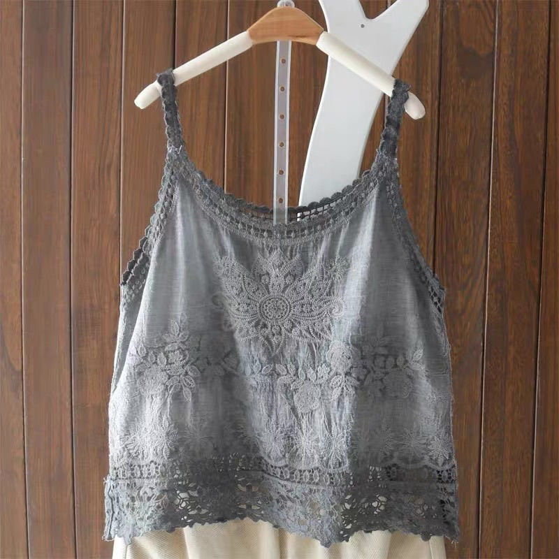 Débardeur Camisole en coton Crochet ajouré pour femmes, Style Boho, dentelle fine brodée, hauts sans manche, T-shirt gris vert, été