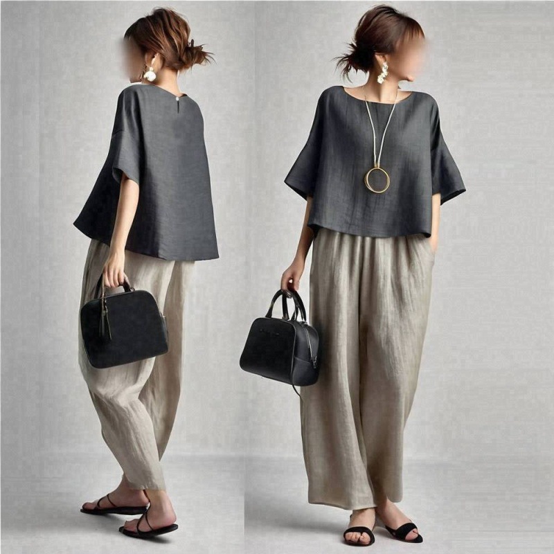 Ensemble deux pièces pour femme, haut à manches courtes col rond et pantalon large à taille élastique, coupe décontractée, couleur unie, été 2026