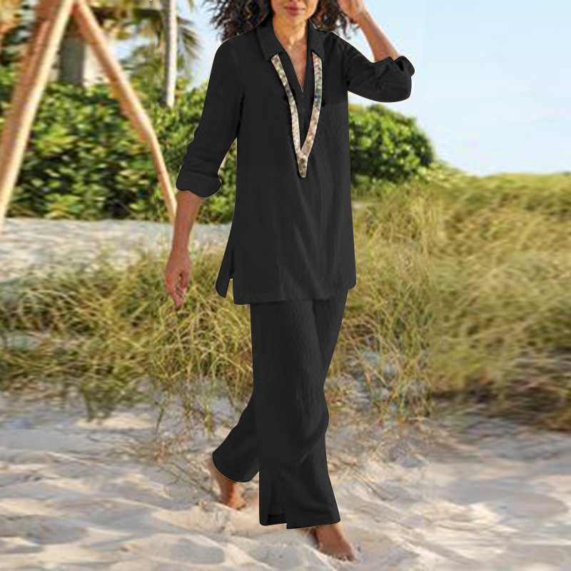 Décontracté coton Blouse deux pièces ensemble femmes été à manches longues hauts pantalons ensembles mode solide pantalon droit costumes femmes tenues