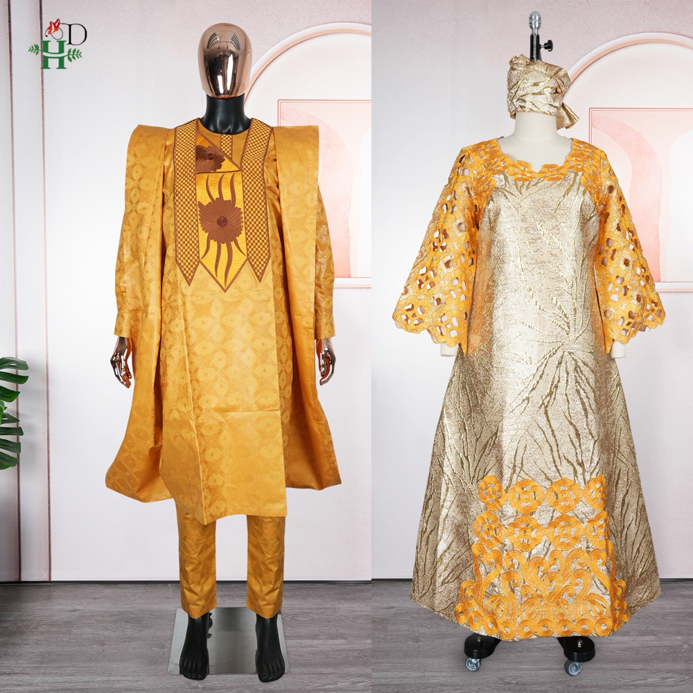 Robes africaines assorties jaunes pour couple, tenue traditionnelle Bazin Riche brodée pour homme, robe turque pour femme, robe de soirée de mariage