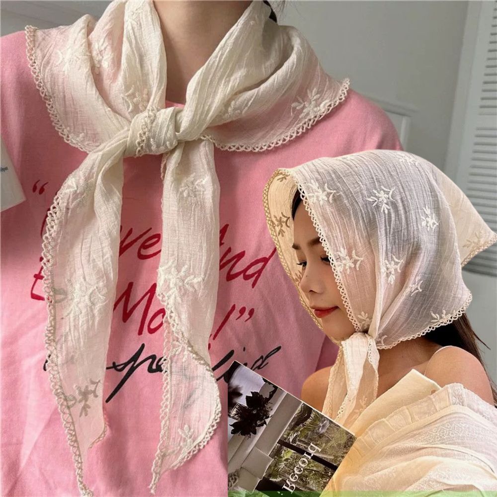 Écharpe de cheveux en dentelle pour femmes, bandeau de cheveux triangle rétro, bandeau de sauna photo de voyage, écharpe de sauna de protection solaire pour filles, lin et coton, mouchoir de présidence, INS, 2024