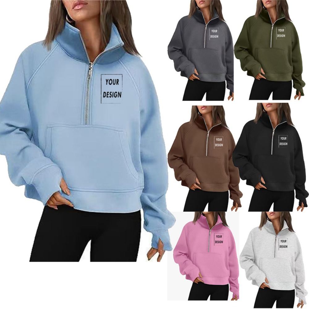 Sweat à capuche avec nom personnalisé pour femme : sweat à capuche, col haut, couleur unie, manches longues, coupe ample, design demi-fermeture éclair, avec casquette, haut