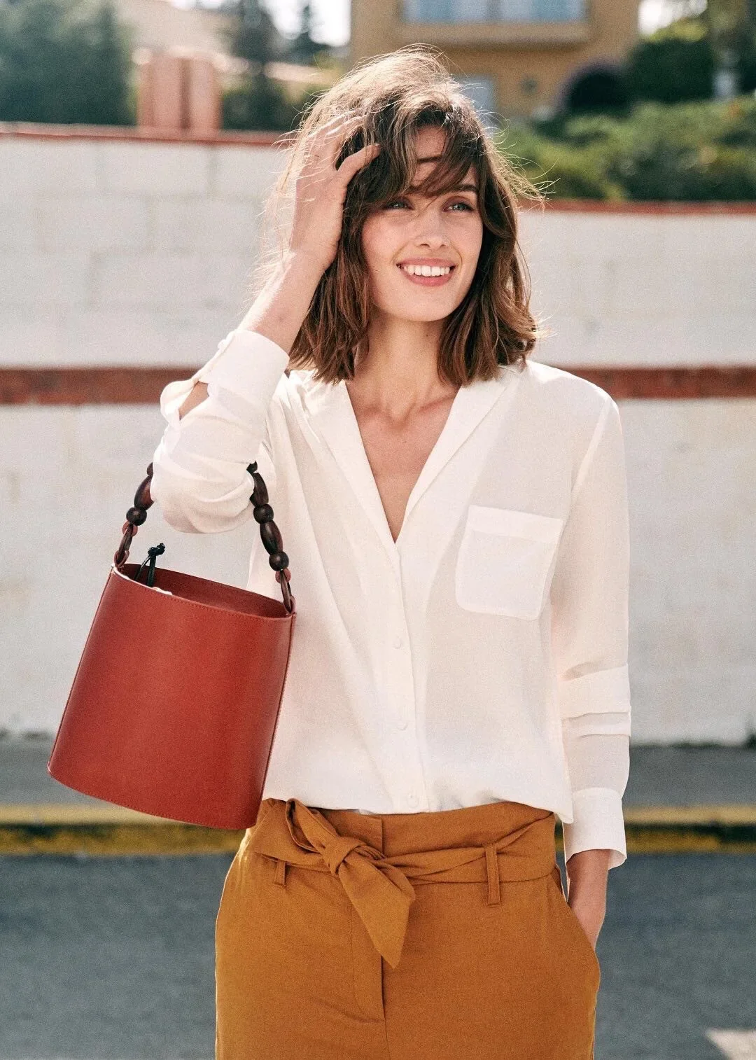 Chemise en crêpe de soie pour femmes, couleur élégante, col de costume Vintage, col en v, petite boucle avec poche, lavage au sable, chemisier en soie de mûrier pour femmes