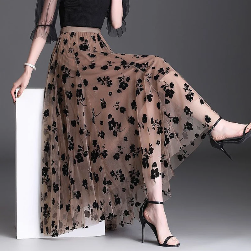 Jupe mi-longue en tulle pour femme, mode coréenne, crochet floral, élégante, décontractée, assortie avec tout, jupes en maille, été, nouveau