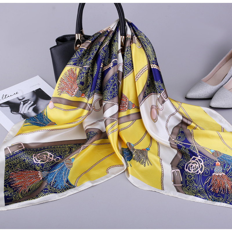 Foulard de cou en Satin de soie pour femmes, foulard Hijab imprimé, châles carrés et enveloppes, 90x90cm, à la mode