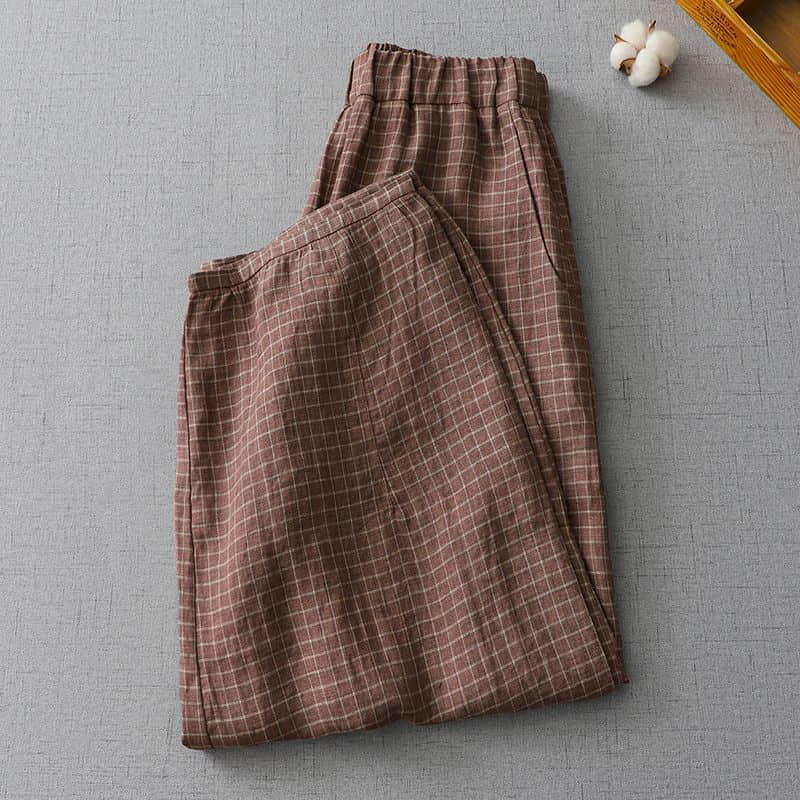 Pantalon en coton et lin à carreaux, ample, décontracté, Vintage, mode coréenne, Harajuku, vêtements pour femmes, Bloomers, lanterne, Baggy