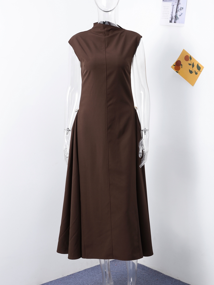 Robe Longue Élégante à Col Haut pour Femme, Chic, Couleur Unie, Plis en Fibre, Forme Trapèze Irrégulière, Tenue de Soirée, Printemps et Été, 2025
