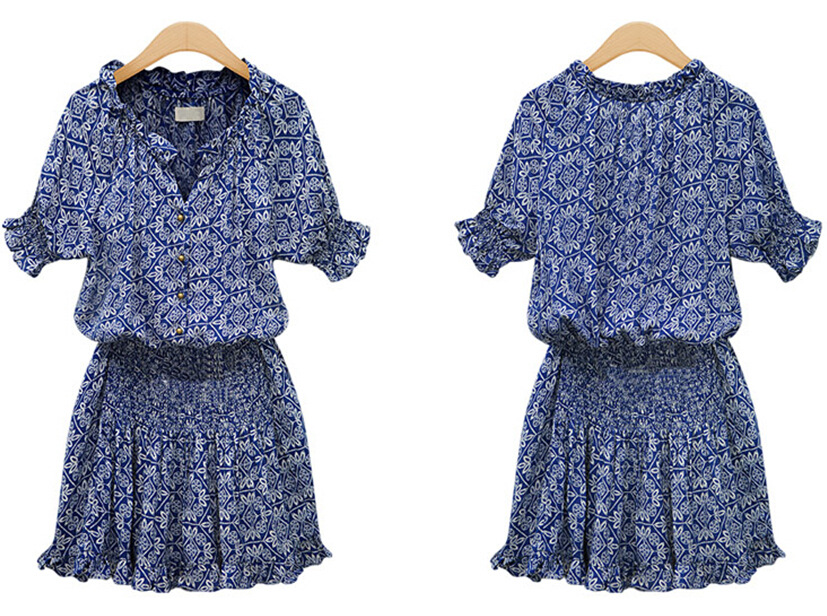 Robe d'été décontractée pour femmes, taille élastique, manches lanternes, manches courtes, imprimé floral, col en v, robes éducatives, JQMY1122