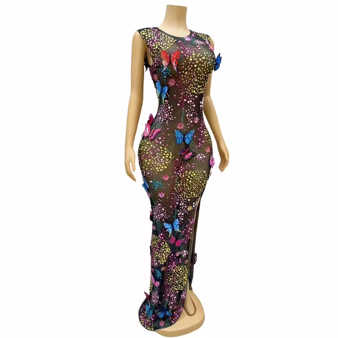 Robe de soirée d'anniversaire pour femmes, tapis rouge, Costume de séance photo, Sexy, scène brillante, strass colorés, papillons, maille