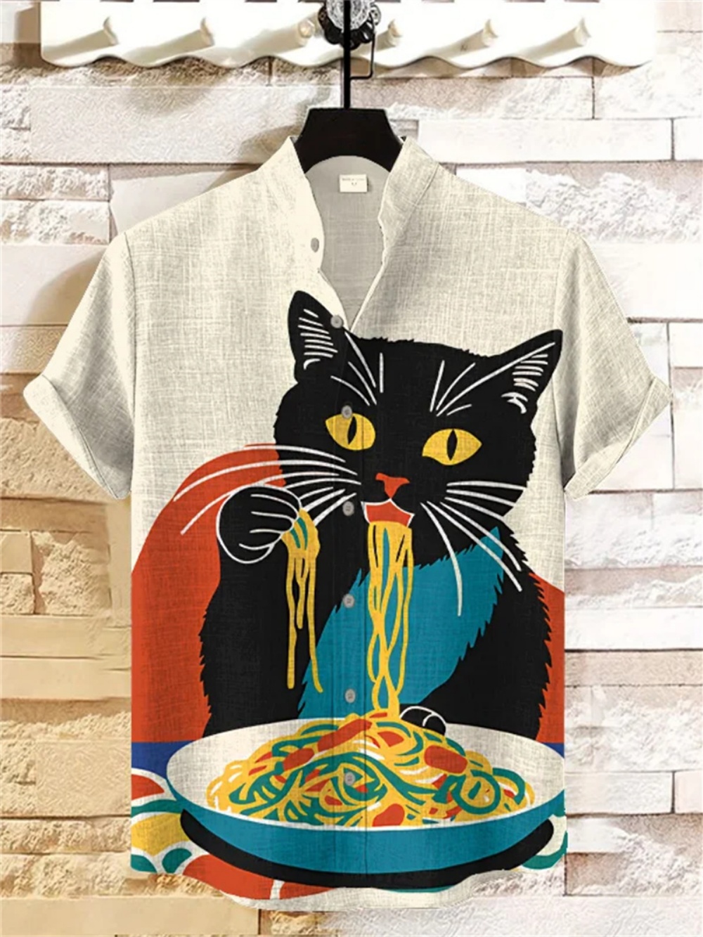Chemise en lin imprimé chat Kimono de Style japonais pour hommes, col montant à la mode, manches courtes, expédition rapide, été