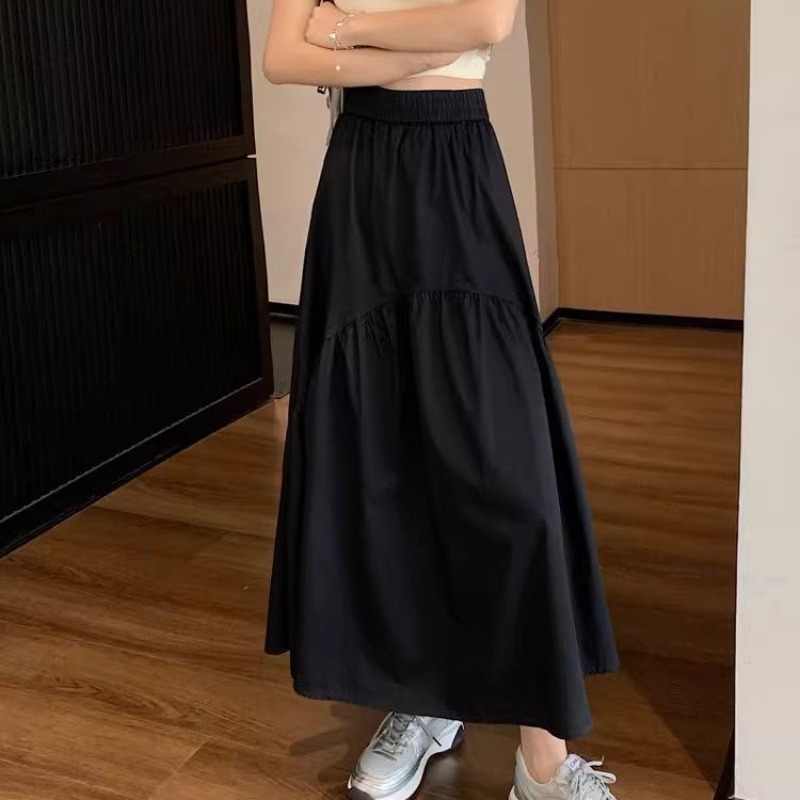 Jupe noire femmes corée été de 2025 Style coréen à la mode plissée Patchwork taille élastique jupe longue femme