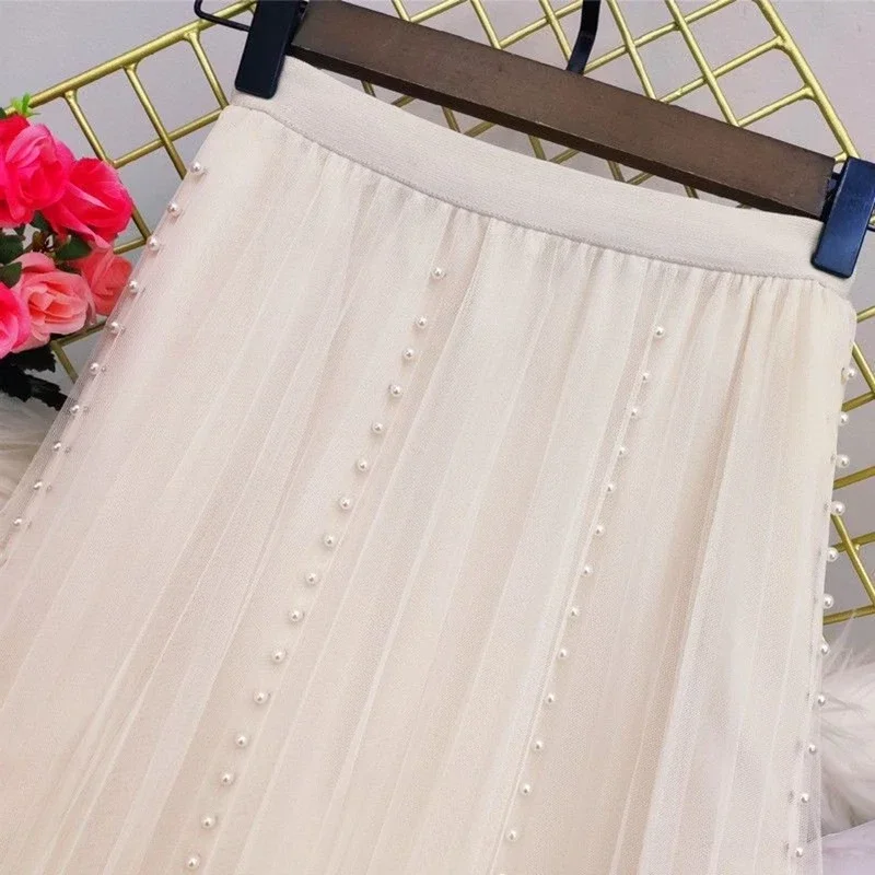 Jupes en tulle plissées à perles pour femmes, nouvelle mode coréenne 2026, vêtements décontractés, faldas, taille haute, mi-longueur, noir, rose, jupe kawaii