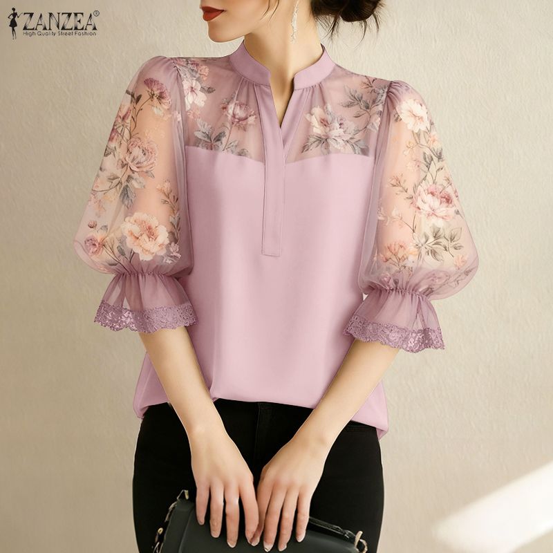 ZANZEA femmes élégantes Blouses imprimé fleuri en mousseline de soie Patchwork hauts mode col en v 3/4 manches bouffantes dentelle garniture femme vêtements S-3XL