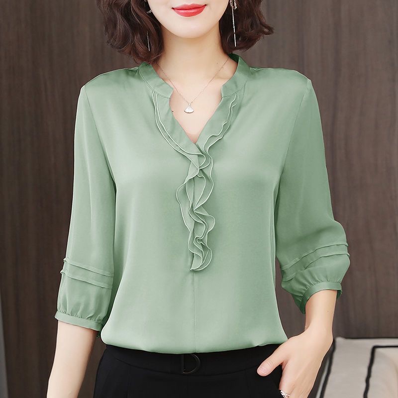 Chemise printemps et été pour femmes, manches trois-quarts, col en v, ample et ajustée, haut à volants, DF3732