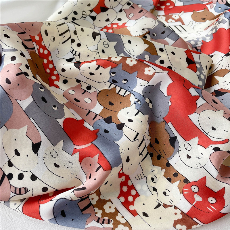 Foulard carré en Satin pour femmes, châle, bandeaux, petit foulard doux, imprimé chat, Hijab, 70cm, nouvelle collection 2026