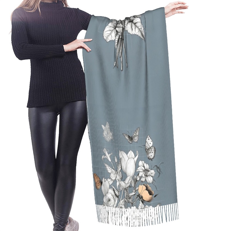 Écharpe en cachemire d'hiver à motif floral papillon pour femmes, châle de luxe imprimé, écharpe épaisse et chaude pour femme, cadeau.